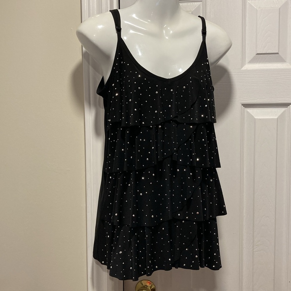 inc INTERNATIONAL CONCEPTS Black Chrome Studded Ruffled Stretch Camisole - Sz L